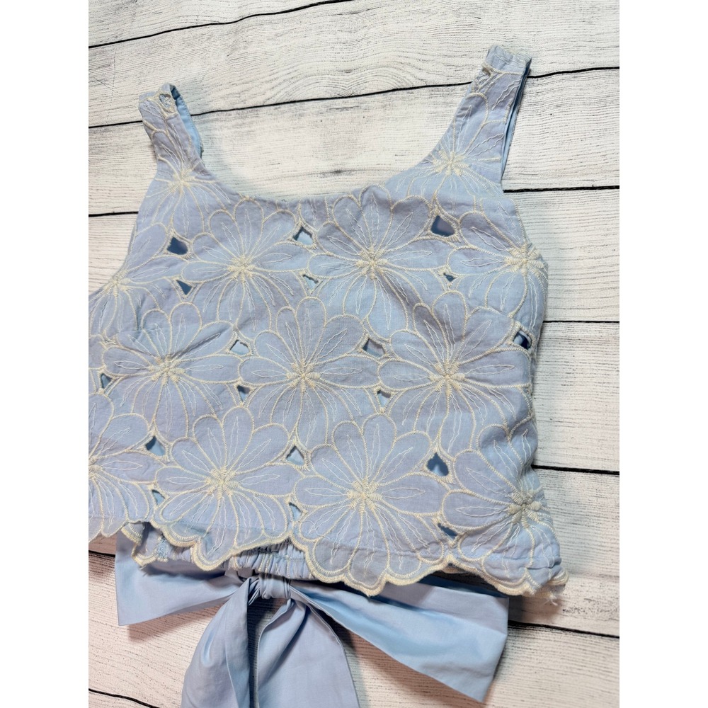Blue Floral Eyelet Embroidered Flowers Crop Top Small Boho Cottagecore Casual - Picture 2 of 6